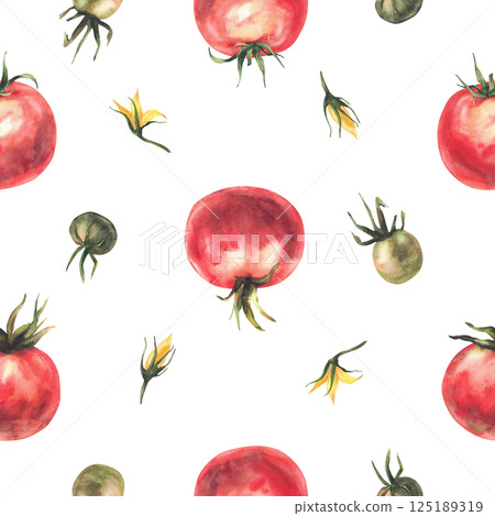 Tomato red and green fruit with yellow flowers seamless pattern. Watercolor vegetables harvest, ripe and unripe plant crop realistic painted illustration isolated from background for wallpaper, fabric Tomato red and green fruit with yellow flowers seamless pattern. Watercolor vegetables harvest, ripe and unripe plant crop realistic painted illustration isolated from background for wallpaper, fabric 125189319