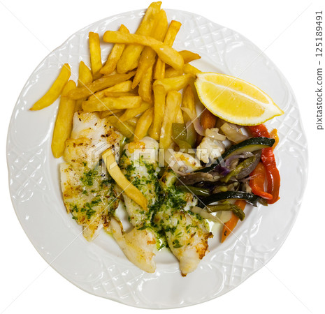 Grilled pink salmon with vegetables and potatoes on a plate Grilled pink salmon with vegetables and potatoes on a plate 125189491