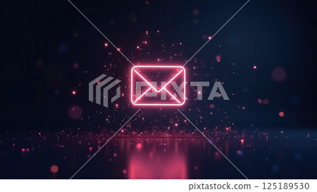 發光的電子郵件圖示和數位粒子背景 125189530