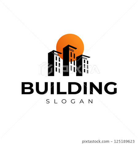 Urban Building Silhouette with sunset background can be used for Real Estate Logo Design 125189623
