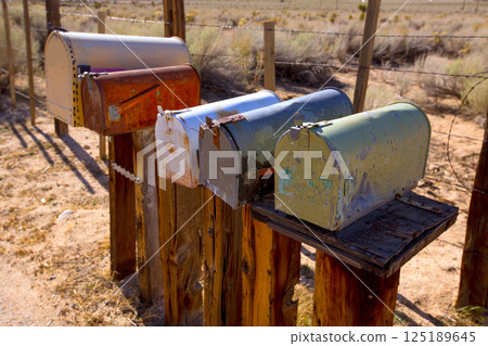 Mailboxes aged vintage in west California desert 125189645