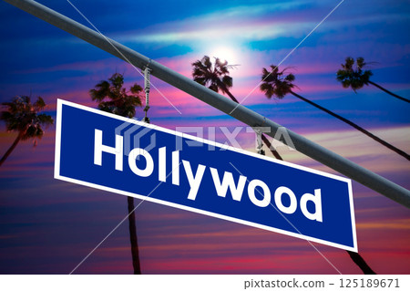 Hollywood California road sign on redlight with pam trees photo mount Hollywood California road sign on redlight with pam trees photo mount 125189671