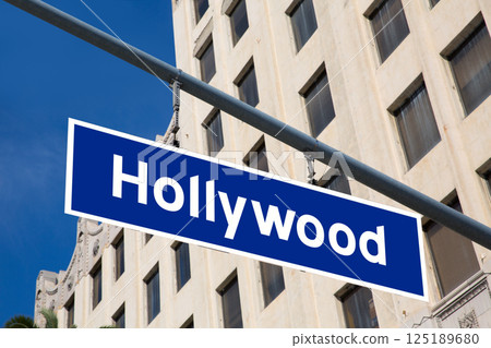 Hollywood sign illustration over LA boulevard Hollywood sign illustration over LA boulevard 125189680