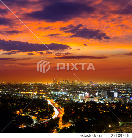 Downtown LA night Los Angeles sunset skyline California Downtown LA night Los Angeles sunset skyline California 125189716