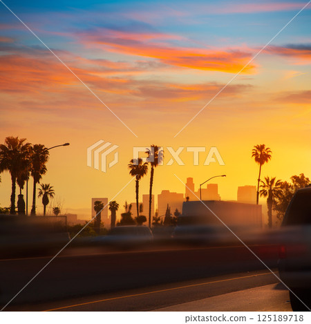 LA Los Angeles sunset skyline with traffic California LA Los Angeles sunset skyline with traffic California 125189718