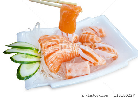 Top view of salmon slice with Radishes and ice, focus selective Top view of salmon slice with Radishes and ice, focus selective 125190227