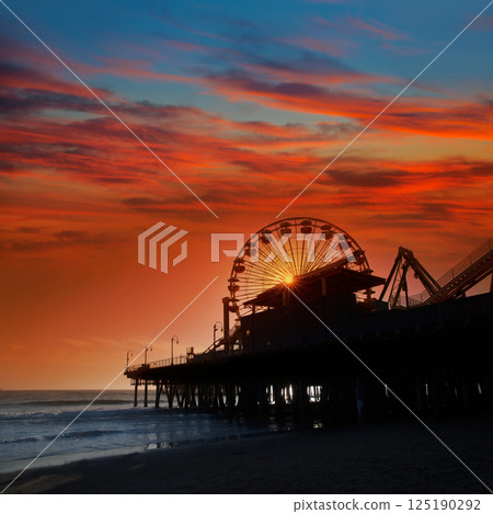 Santa Monica California sunset on Pier Ferrys wheel Santa Monica California sunset on Pier Ferrys wheel 125190292