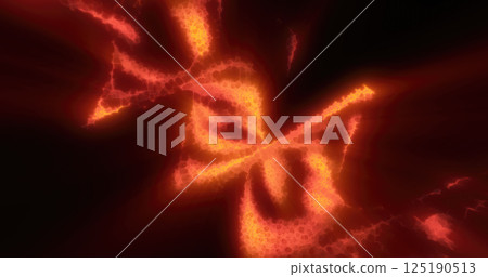Fiery abstract spiral shape with vibrant orange and red textures on a black background, resembling a burning pattern or energy flow 125190513