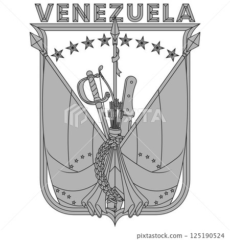 Venezuela flags with weapons framed with a shield 125190524