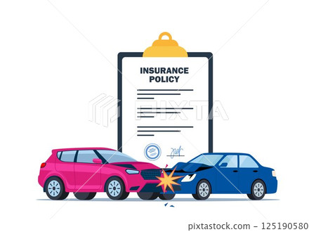 Car insurance coverage concept. Damaged vehicle and insurance police. Car breakdown on the road. Automobile protection, security, safety. Vector illustration. Car insurance coverage concept. Damaged vehicle and insurance police. Car breakdown on the road. Automobile protection, security, safety. Vector illustration. 125190580