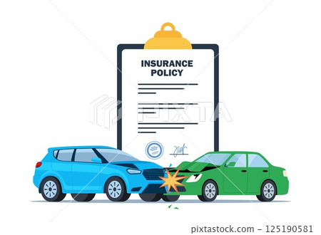 Car insurance coverage concept. Damaged vehicle and insurance police. Car breakdown on the road. Automobile protection, security, safety. Vector illustration. 125190581