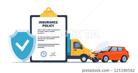 Car insurance coverage concept. Damaged vehicle and insurance police. Car breakdown on the road. Automobile protection, security, safety. Vector illustration. Car insurance coverage concept. Damaged vehicle and insurance police. Car breakdown on the road. Automobile protection, security, safety. Vector illustration. 125190582