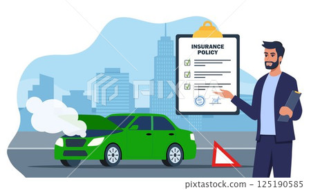 Car insurance coverage concept. Damaged vehicle, insurance police, insurance agent character. Car breakdown on the road. Automobile protection, security, safety. Vector illustration. Car insurance coverage concept. Damaged vehicle, insurance police, insurance agent character. Car breakdown on the road. Automobile protection, security, safety. Vector illustration. 125190585