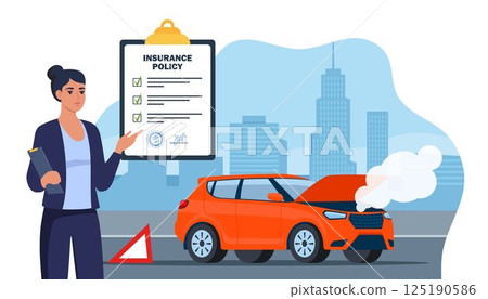 Car insurance coverage concept. Damaged vehicle, insurance police, insurance agent character. Car breakdown on the road. Automobile protection, security, safety. Vector illustration. 125190586