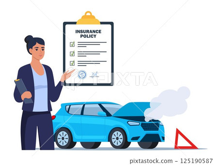 Car insurance coverage concept. Damaged vehicle, insurance police, insurance agent character. Car breakdown on the road. Automobile protection, security, safety. Vector illustration. 125190587