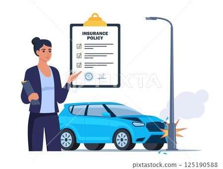 Car insurance coverage concept. Damaged vehicle, insurance police, insurance agent character. Car breakdown on the road. Automobile protection, security, safety. Vector illustration. 125190588