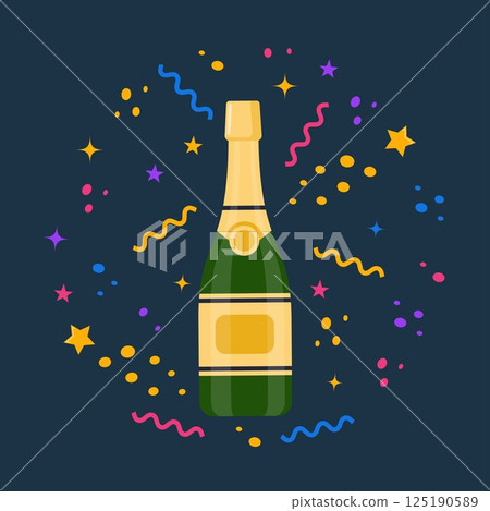 Champagnes party elements. Champagne bottle explosion, serpentine ribbons, confetti and glasses with sparkling wine. Vector illustration. 125190589