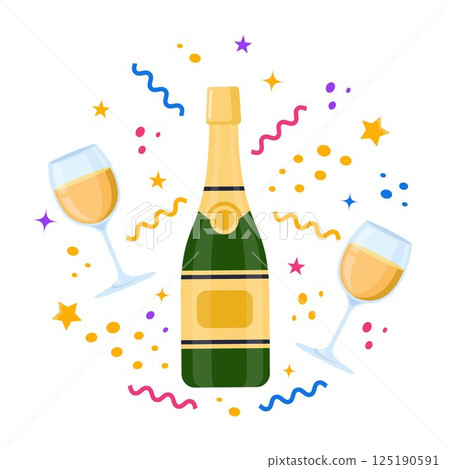 Champagnes party elements. Champagne bottle explosion, serpentine ribbons, confetti and glasses with sparkling wine. Vector illustration. 125190591