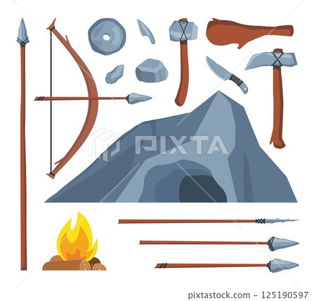 Stone age tools set, caveman civilization culture. Prehistoric ancestors primitive tools to work and hunt. Vector illustration. 125190597