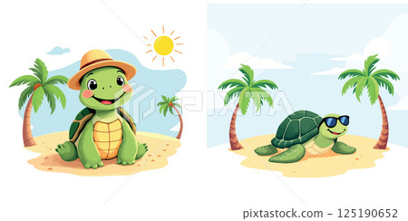 Vsai happy cartoon turtles enjoying summer vacation on tropical beach Vsai happy cartoon turtles enjoying summer vacation on tropical beach 125190652