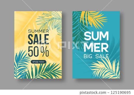 Summer Sale poster design. Best offer promotion cards with tropical leaves. Summer Sale poster design. Best offer promotion cards with tropical leaves. 125190695