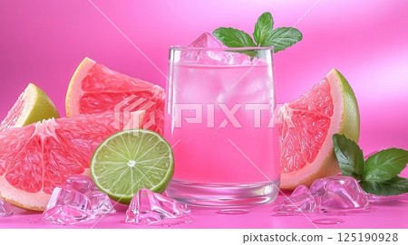 Refreshing pink grapefruit and lime beverage with ice and mint on a vibrant background 125190928