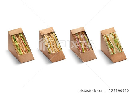 Cut club sandwich in cupboard package isolated on white background 125190960