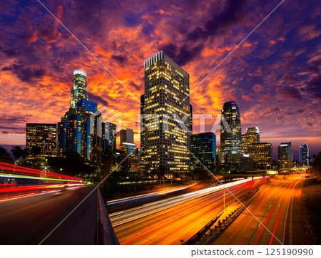 Downtown LA night Los Angeles sunset skyline California Downtown LA night Los Angeles sunset skyline California 125190990