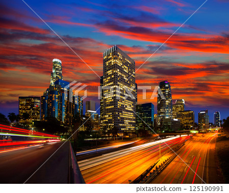 Downtown LA night Los Angeles sunset skyline California Downtown LA night Los Angeles sunset skyline California 125190991