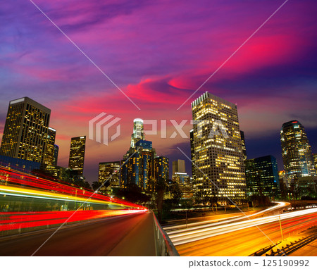 Downtown LA night Los Angeles sunset skyline California Downtown LA night Los Angeles sunset skyline California 125190992