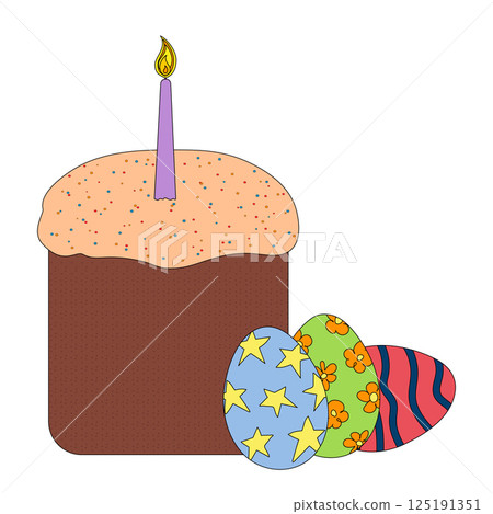 Easter Cake with Candle and Decorated Eggs 125191351