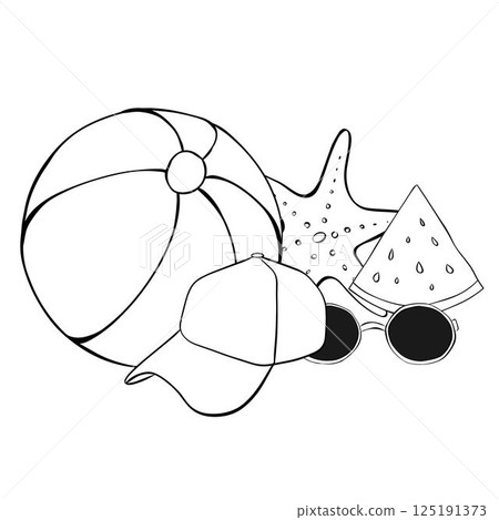 Beach composition with sun glasses, beach ball, cap, watermelon slice, starfish. Vector graphic line ink illustration. Banner, poster, wrapping paper, sticker, print, modern textile design. 125191373