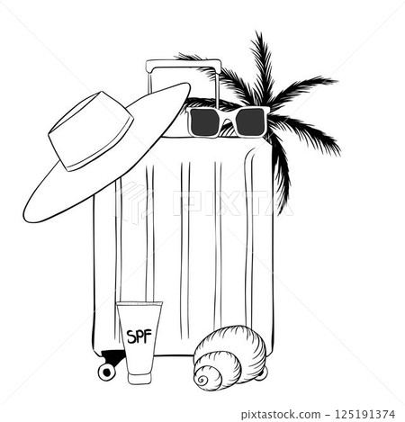 Travel Suitcase, Hat, palm tree, sunglasses, seashell composition. Vector graphic line ink Illustration Symbolizing Luggage, Vacation Packing, And Tourism, Isolated On White Background Travel Suitcase, Hat, palm tree, sunglasses, seashell composition. Vector graphic line ink Illustration Symbolizing Luggage, Vacation Packing, And Tourism, Isolated On White Background 125191374