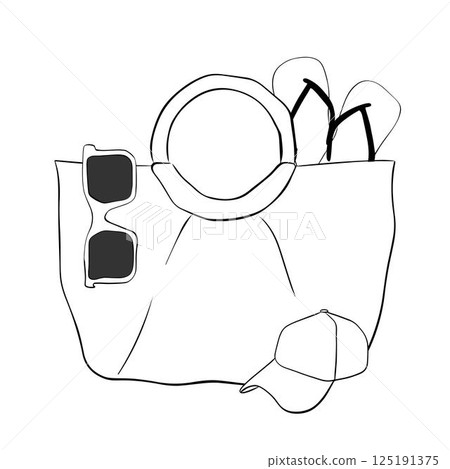 Round straw bag with summer beach essentials. Woven women accessory with sunglasses, flip flops, cap. Graphic line ink vector illustration isolated on white background for package, cosmetic, textile 125191375