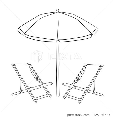 Beach deckchairs umbrella composition. Vector graphic line ink illustration isolated on white background. for travelling azure concepts, outdoor rest vacation lounge chairs pair 125191383
