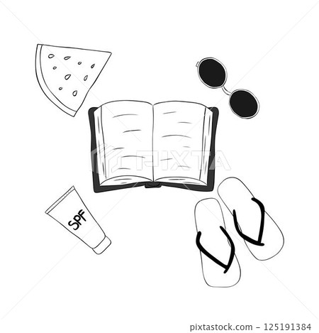 Summer beach vacation set. Book, watermelon slice, flip flops, sunglasses, SPF cream composition. Vector graphic line ink black and white coloring page. For logo, web, package, sticker. 125191384
