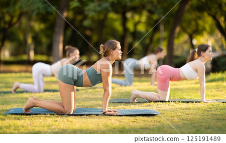 Yoga lesson visitors girls perform Marjariasana in park Yoga lesson visitors girls perform Marjariasana in park 125191489