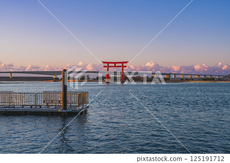 View of the red torii gates of Benten Island after sunrise in Hamamatsu city (Shizuoka prefecture) View of the red torii gates of Benten Island after sunrise in Hamamatsu city (Shizuoka prefecture) 125191712