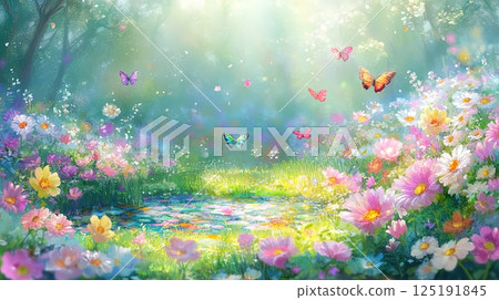 Enchanting garden with butterflies and blooming... - Stock Illustration ...