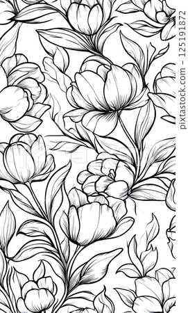 Elegant black and white floral pattern with intricate line art design. 125191872
