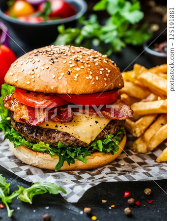 Delicious cheeseburger with bacon, tomato, and fries on checkered paper. 125191881