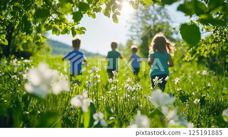 Children playing in sunlit meadow surrounded by lush greenery. 125191885