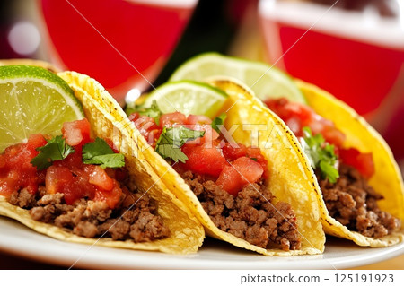 Delicious beef tacos with fresh tomatoes and lime wedges. 125191923