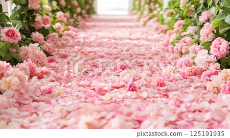 Pink rose petals adorn a beautiful garden pathway. Pink rose petals adorn a beautiful garden pathway. 125191935