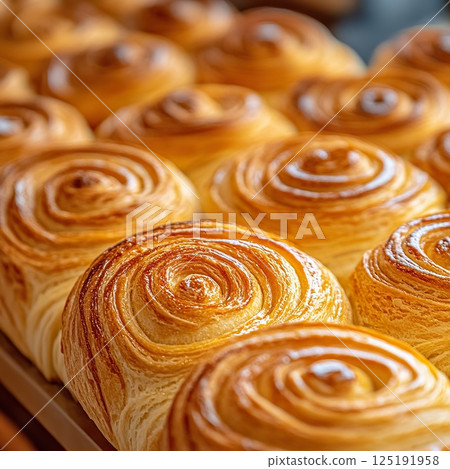 Freshly baked golden brown swirl pastries in bakery display. 125191958