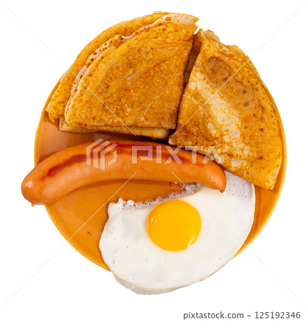 Homemade sausage from minced chicken meat, fried egg and pancakes from wheat flour Homemade sausage from minced chicken meat, fried egg and pancakes from wheat flour 125192346