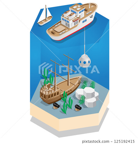A study of the sunken galleon. Isometric. Vector illustration.  125192415