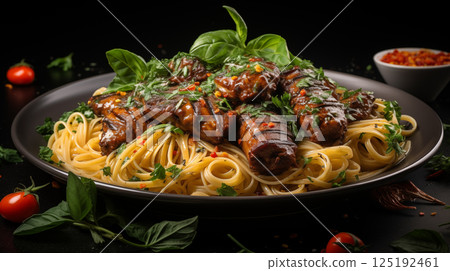 Delicious linguine pasta with grilled chicken liver garnished with herbs and spices on a black plate with basil and cherry tomatoes 125192461