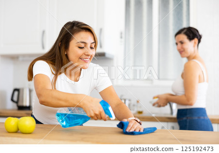 Young latin american woman with sister cleaning home kitchen 125192473