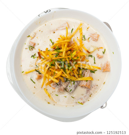 Sopa de mani is peanut soup made with beef, beef bones, potatoes and peas as main ingredients. Latin American cuisine Sopa de mani is peanut soup made with beef, beef bones, potatoes and peas as main ingredients. Latin American cuisine 125192513